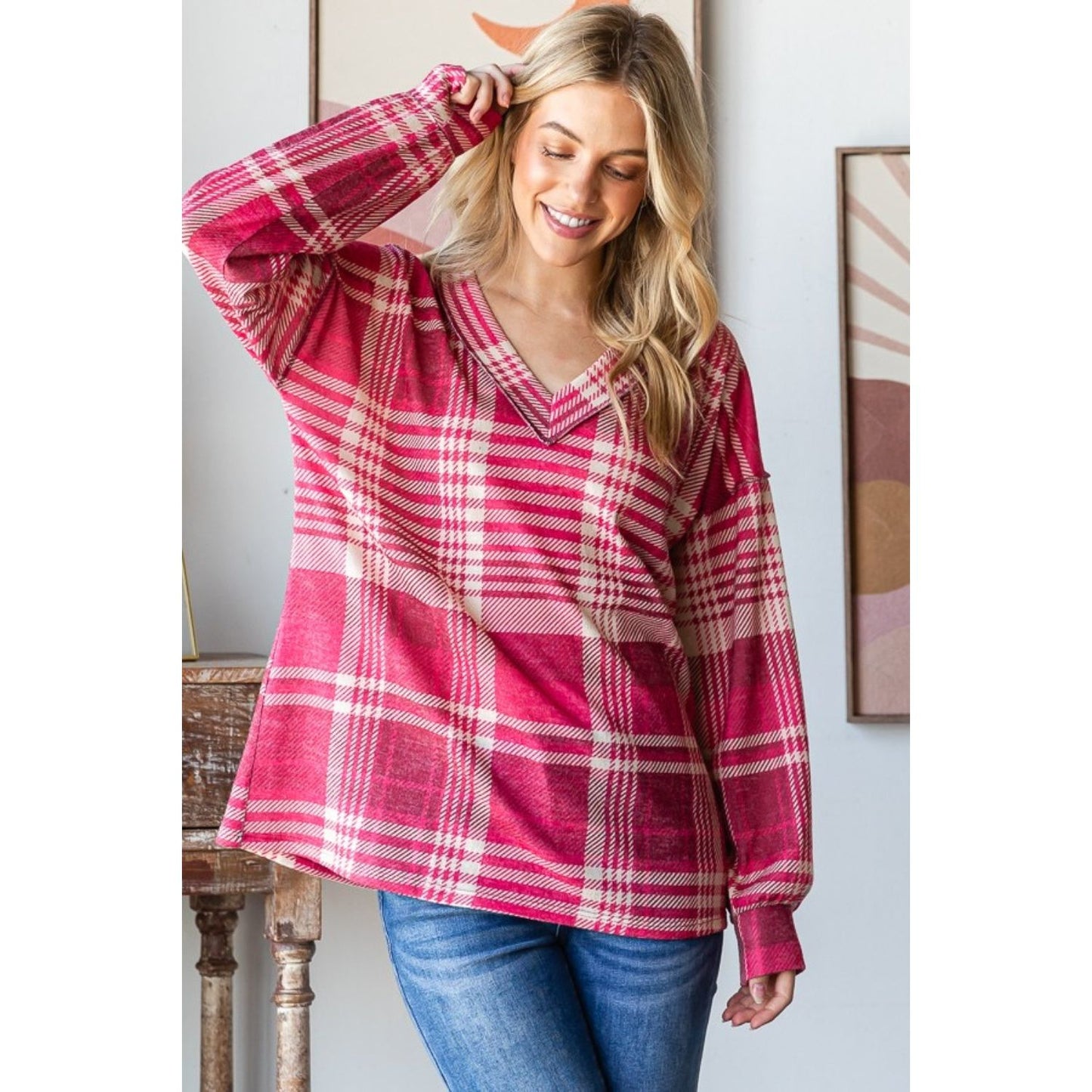 Heimish Plaid Drop Shoulder V-Neck T-Shirt