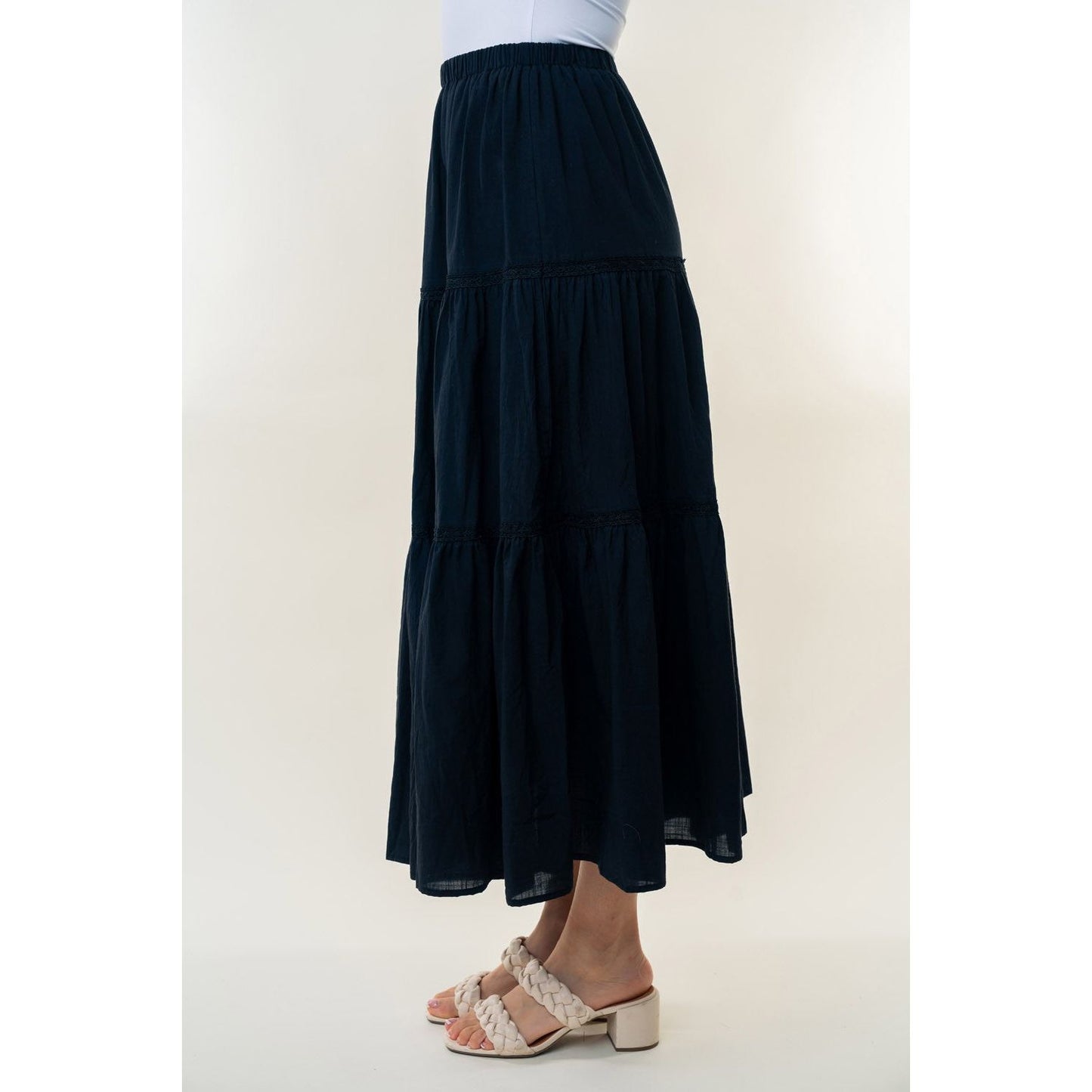 White Birch High Waisted Tiered Maxi Skirt