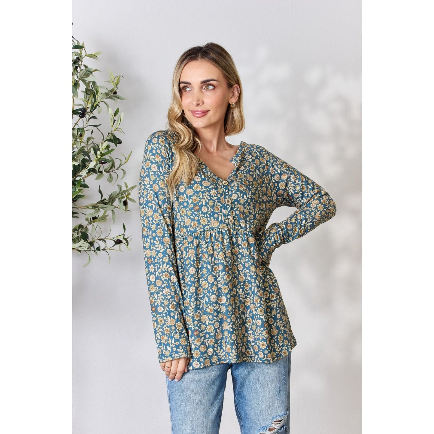 Heimish Full Size Floral Half Button Long Sleeve Blouse