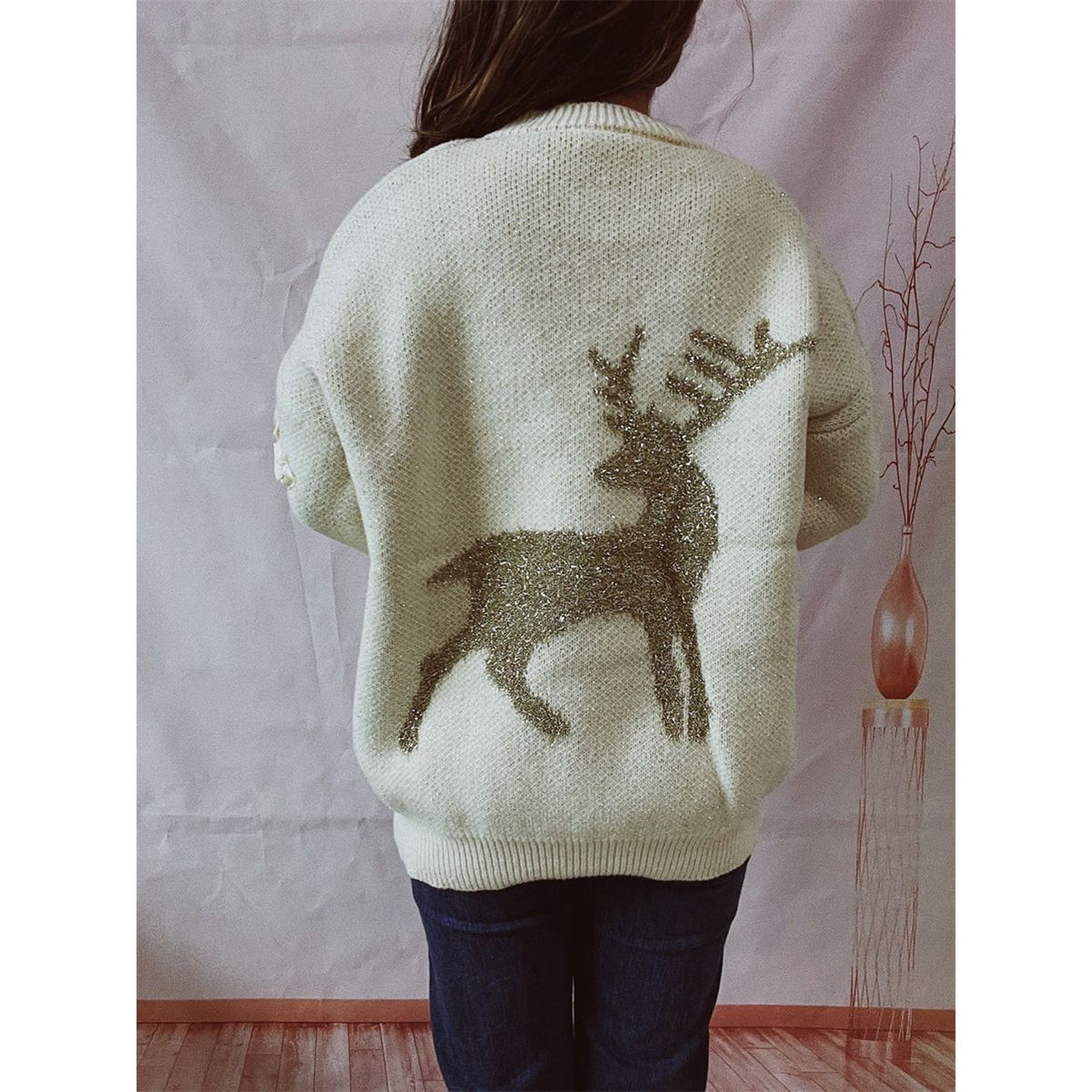 Reindeer Round Neck Long Sleeve Sweater