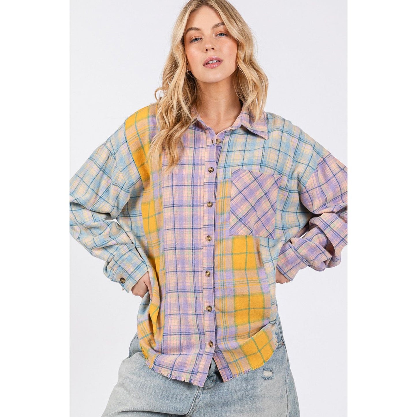 SAGE + FIG Button Up Raw Hem  Plaid Flannel Shirt