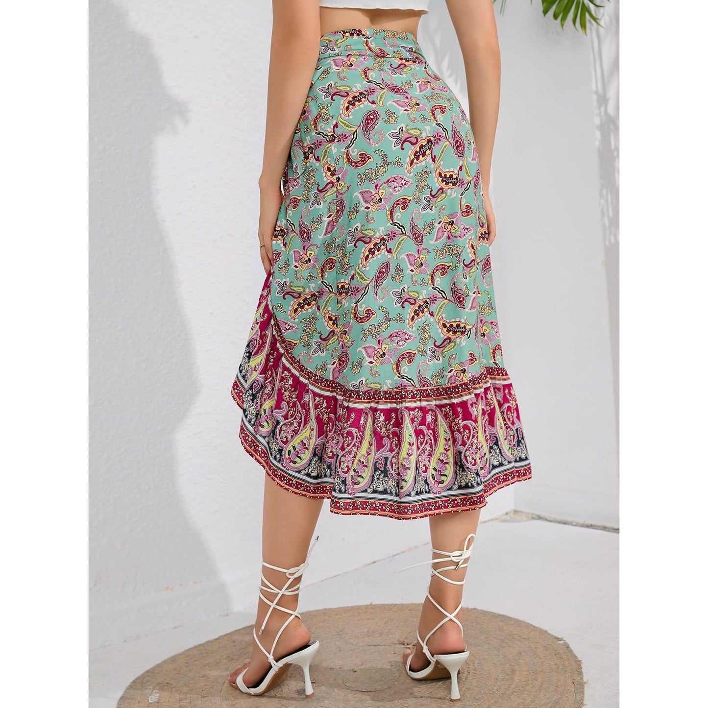 Tie Waistband Flounce Hem Midi Skirt