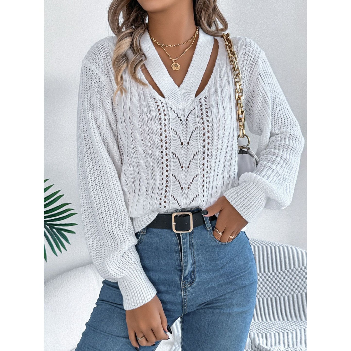 Cutout V-Neck Long Sleeve Sweater