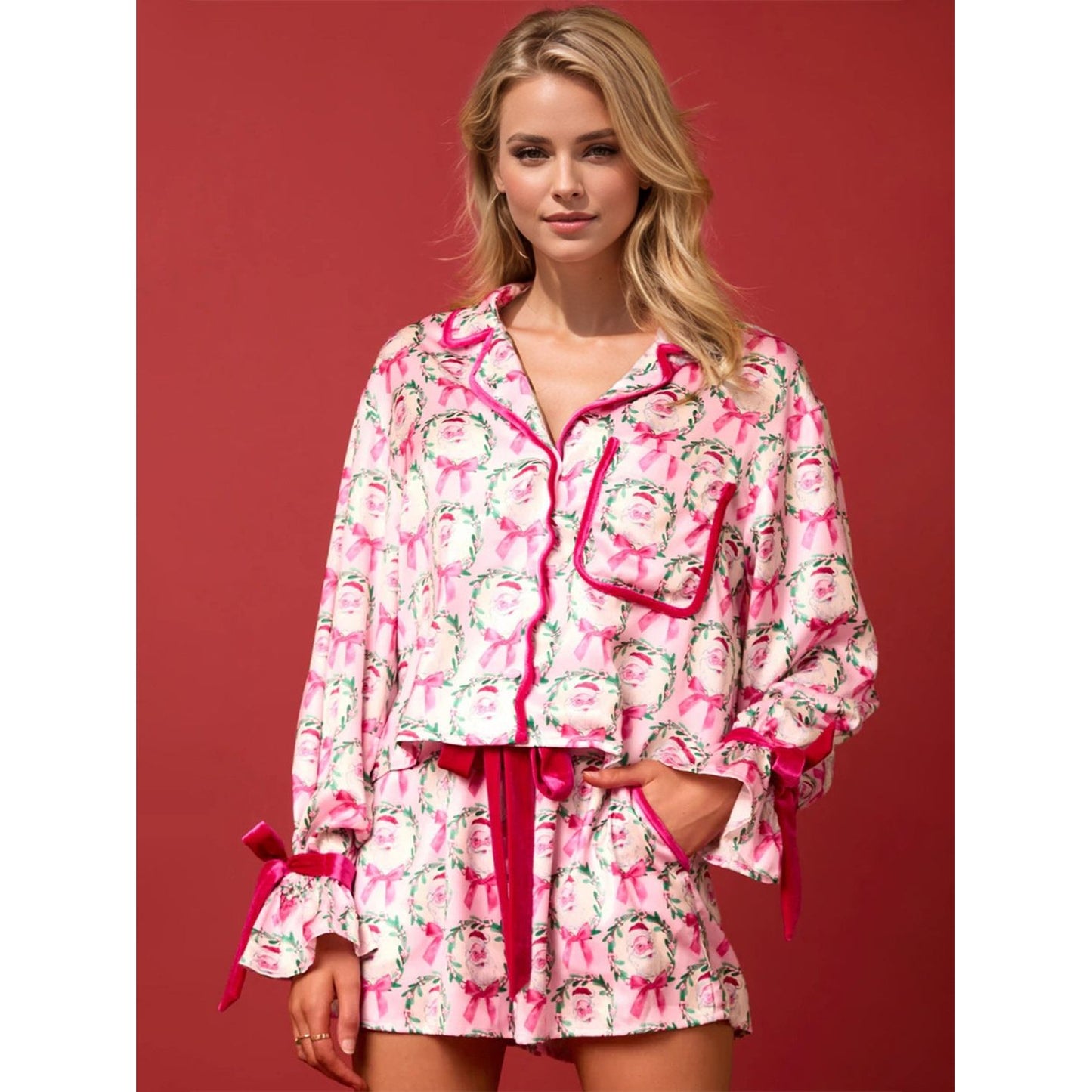 Tied Printed Collared Neck Long Sleeve Top and Shorts Set