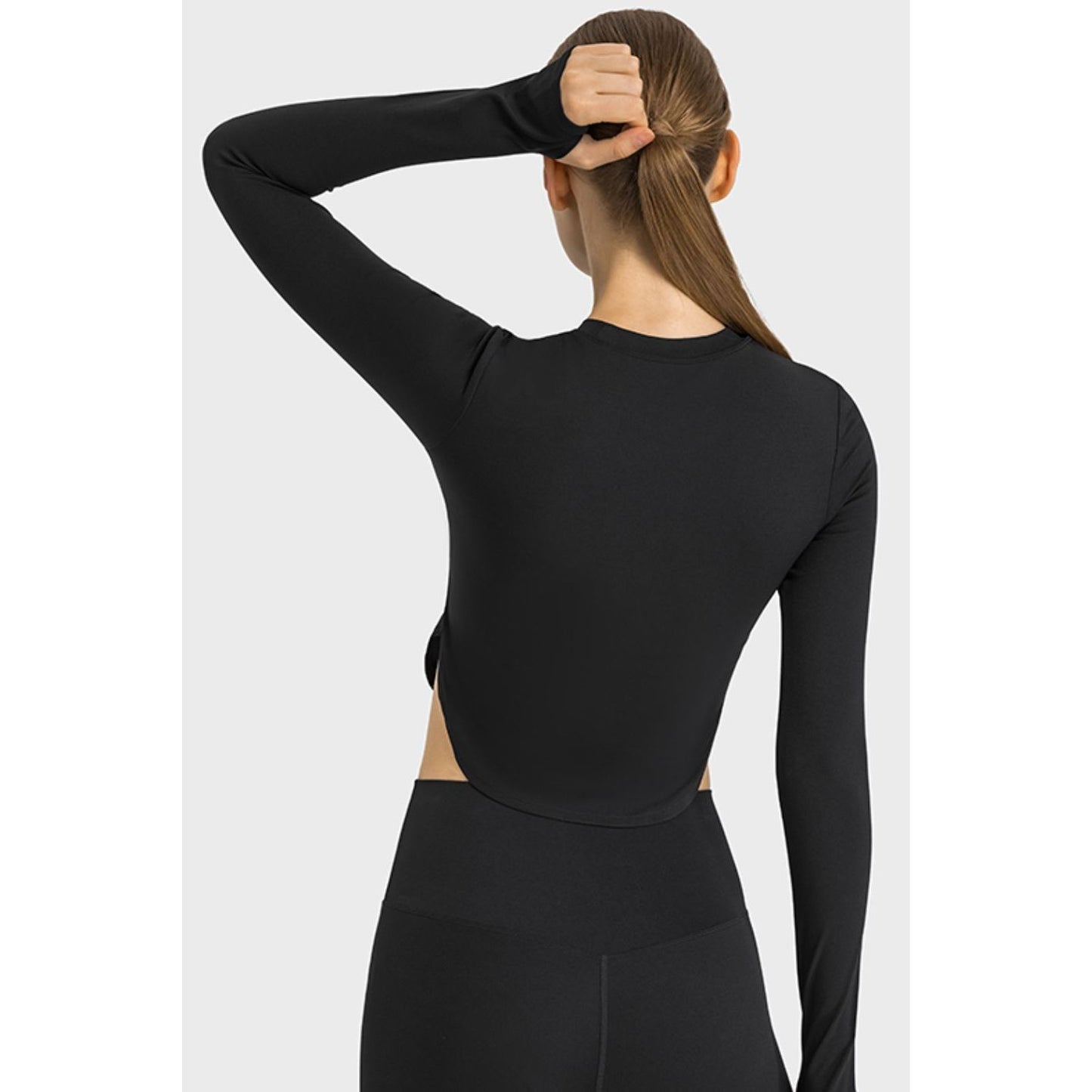 Side Slit Long Sleeve Round Neck Crop Top