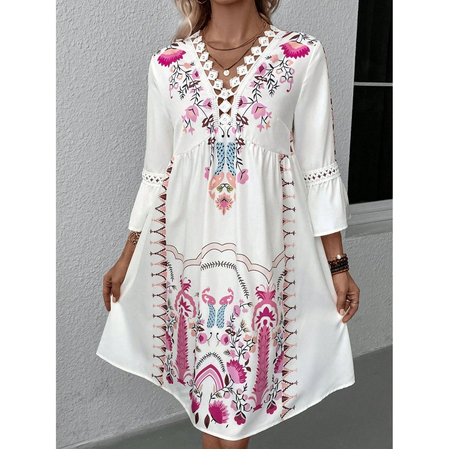 Lace Detail Printed Three-Quarter Sleeve Dress