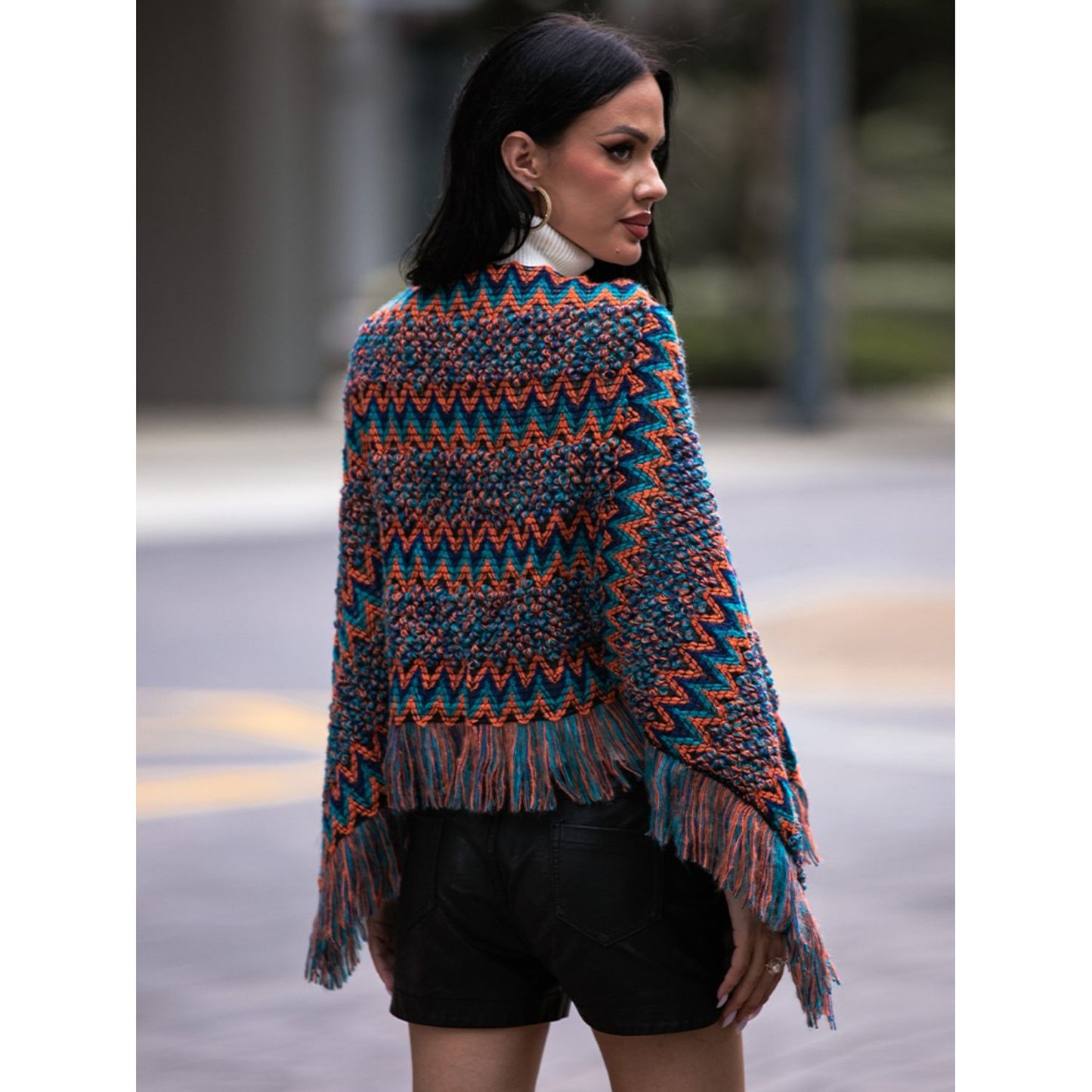 Shiny Fringe Hem Boat Neck Poncho