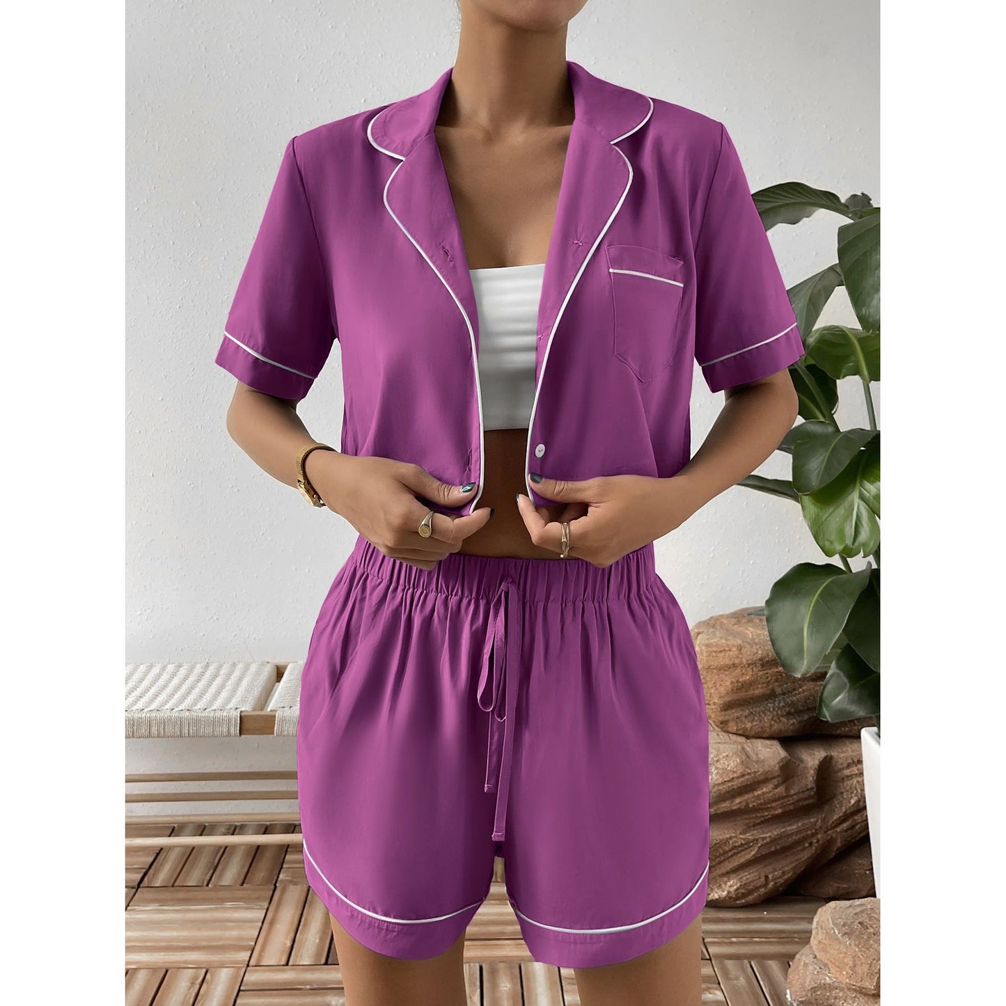 Ivy Lane Contrast Lapel Collar Cropped Shirt and Shorts Lounge Set