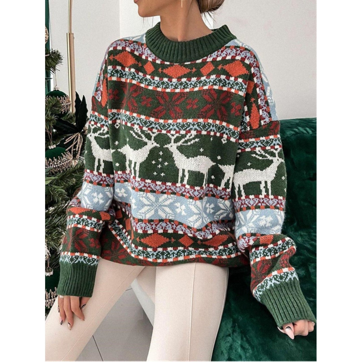 Geometric Round Neck Dropped Shoulder Sweater