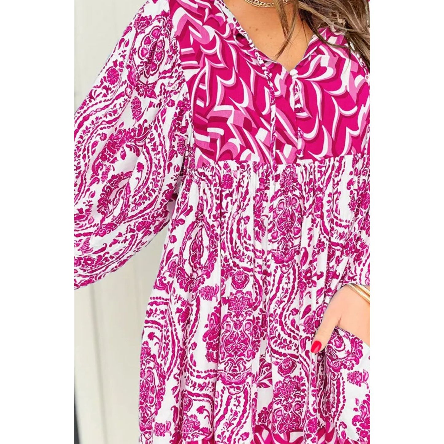 Printed Tie Neck Long Sleeve Mini Dress