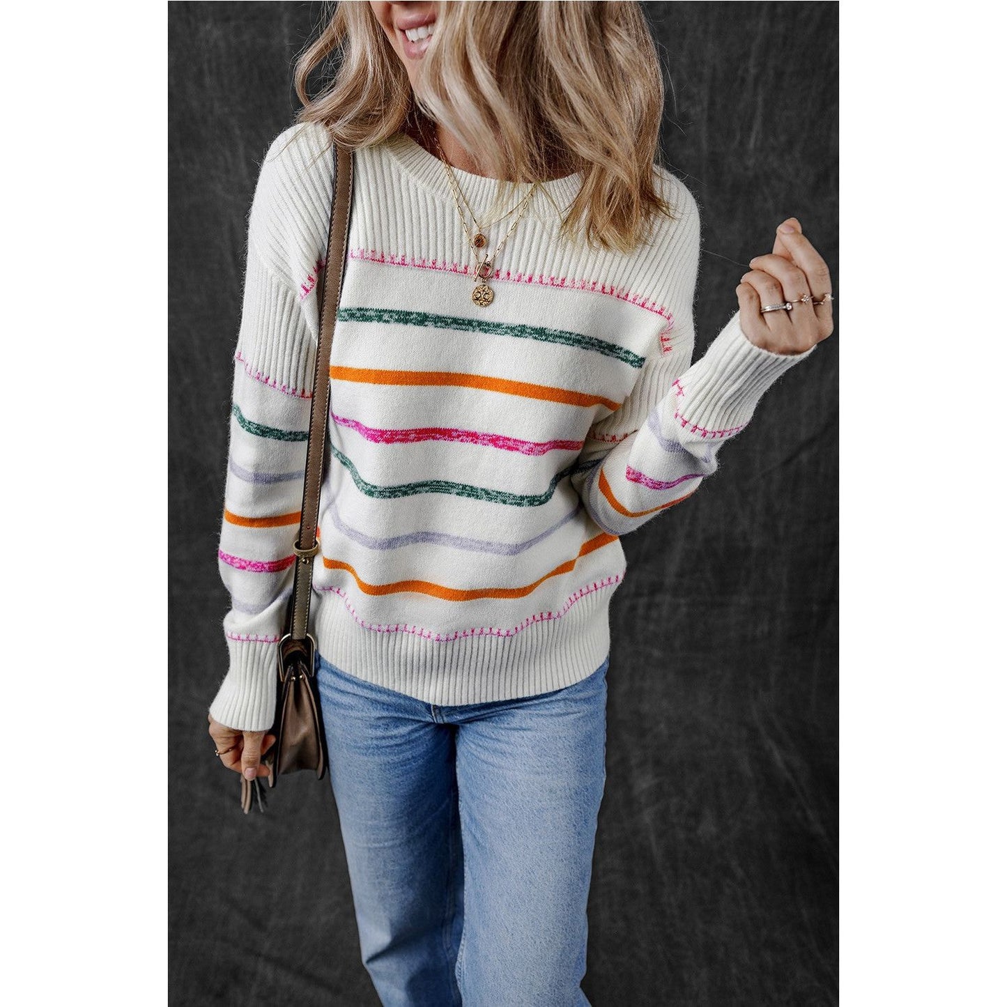 Striped Round Neck Dropped Shoulder Sweater