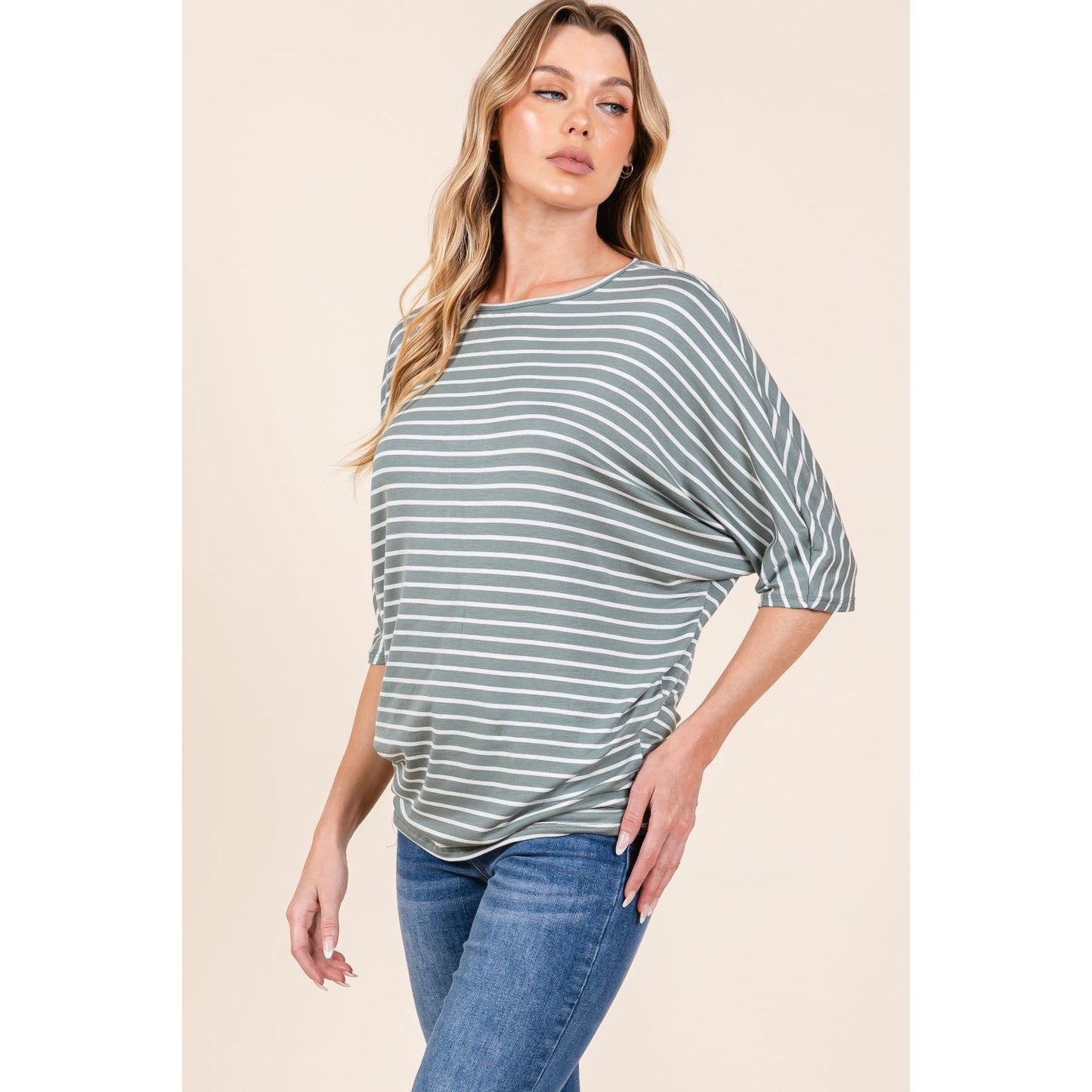 BOMBOM Striped Boat Neck Dolman Sleeve Top