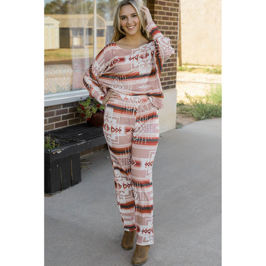 Geometric Top and Drawstring Pants Lounge Set