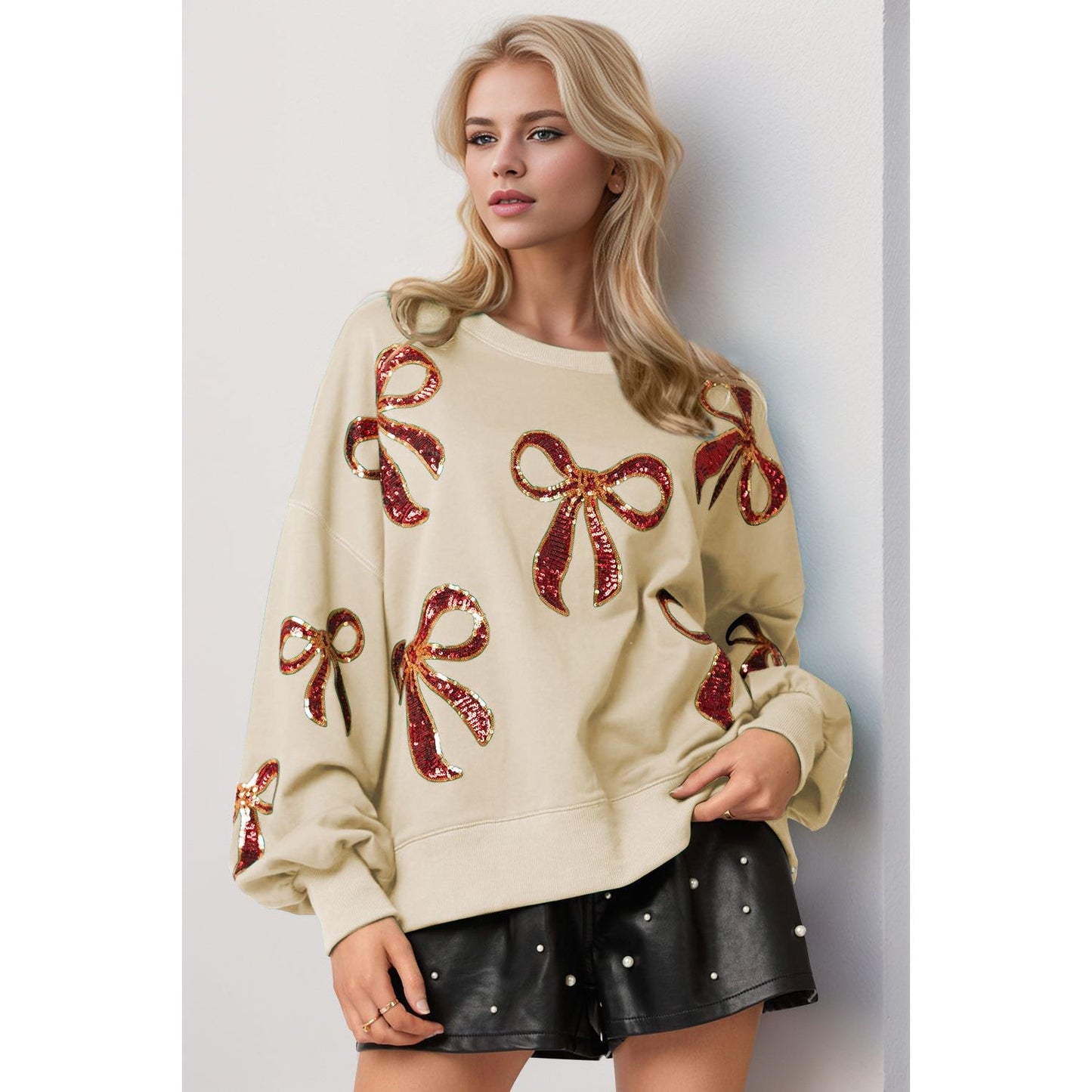 Double Take Christmas Bow Sequin Round Neck Dropped Shoulder Sweatshirt