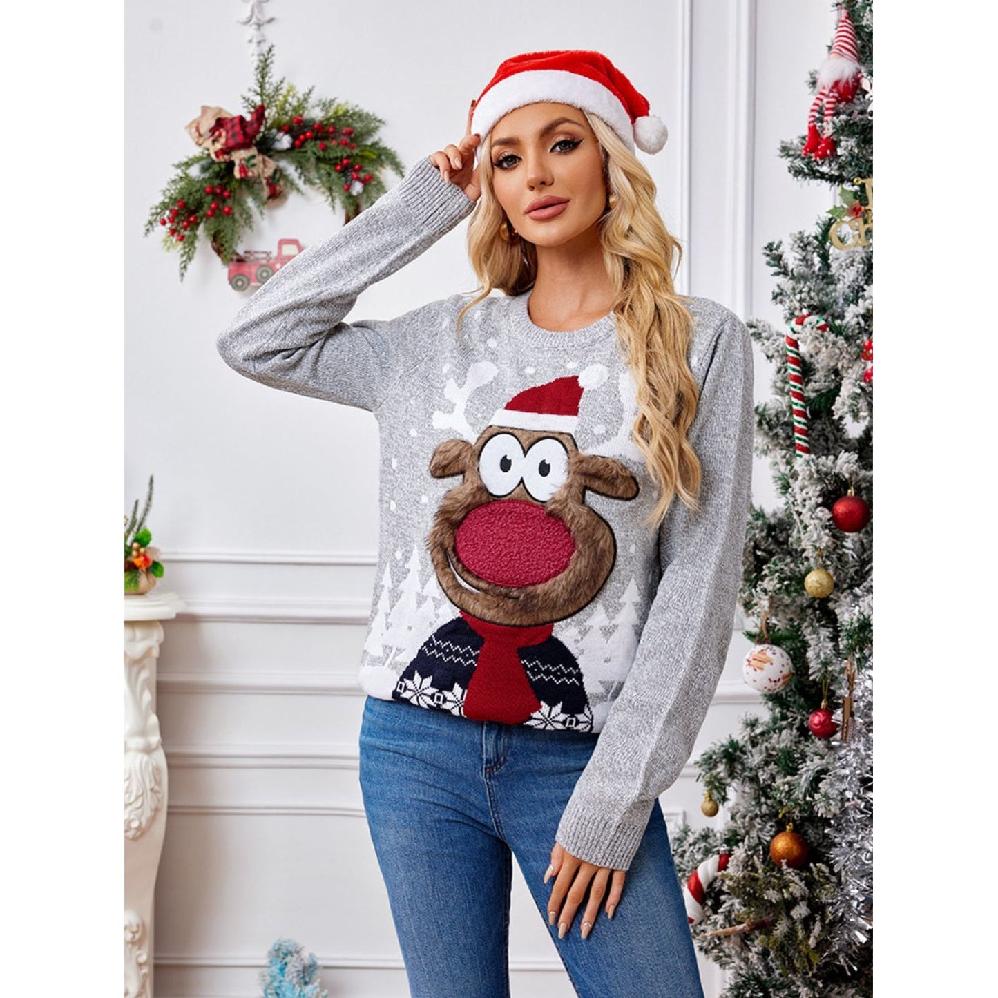 Reindeer Round Neck Long Sleeve Sweater