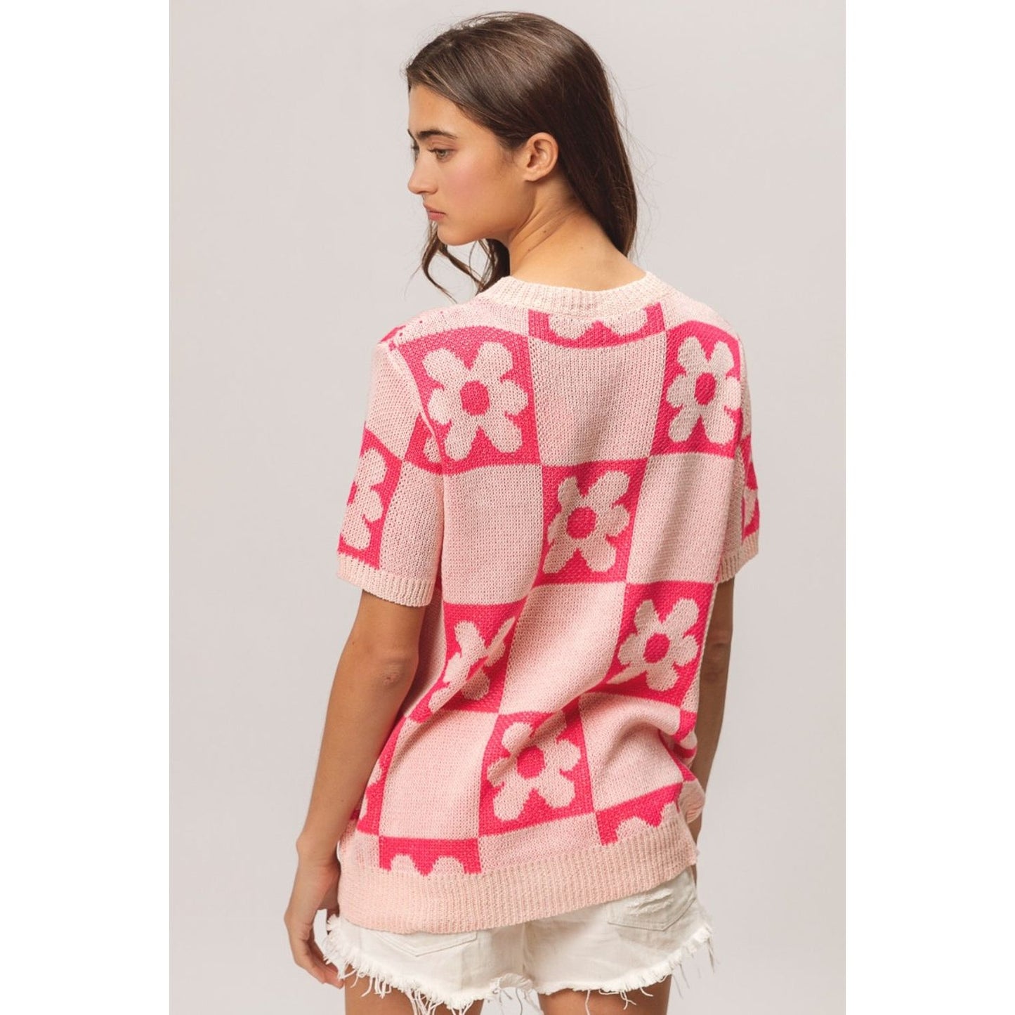 BiBi Flower Checker Pattern Short Sleeve Sweater