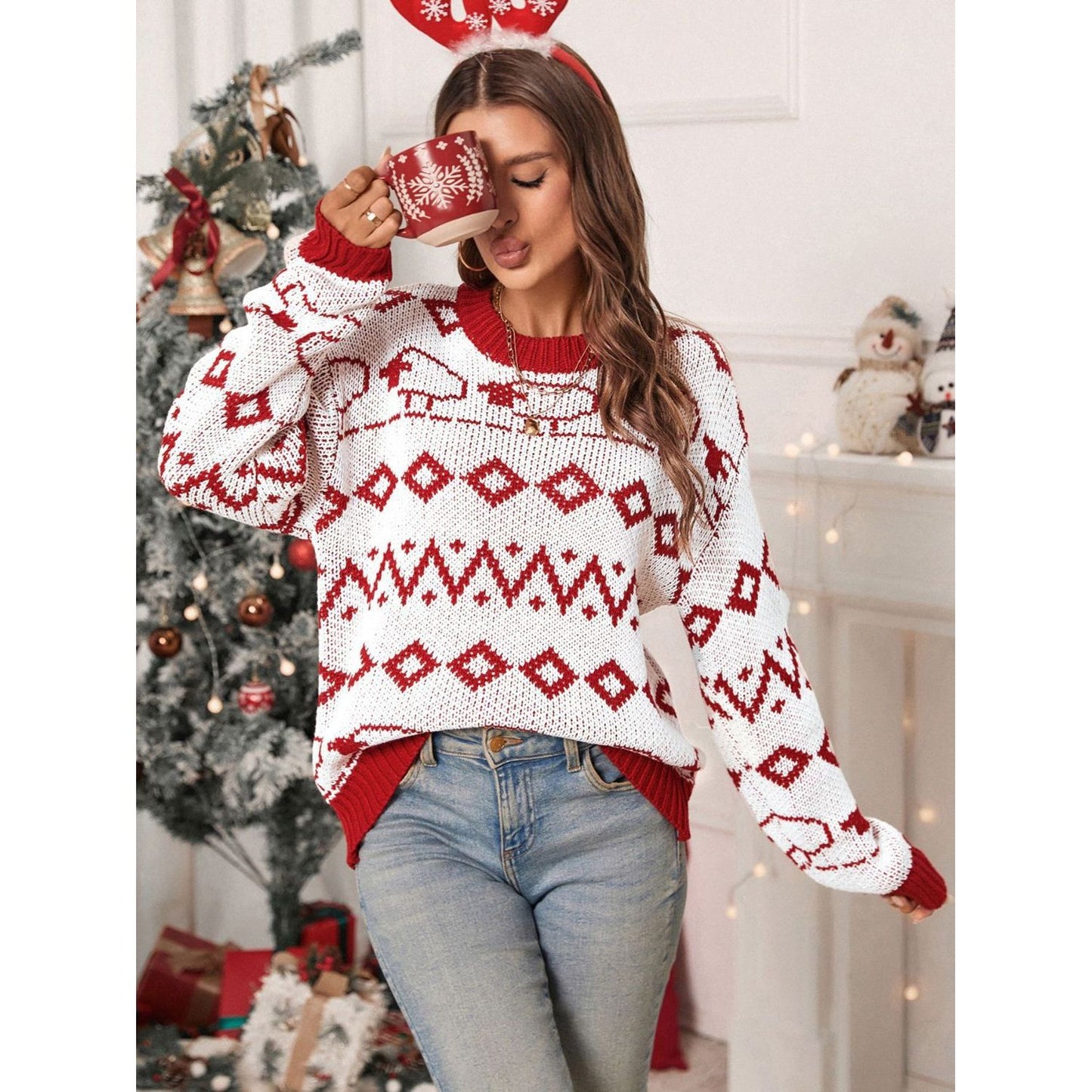 Perfee Contrast Geometric Round Neck Long Sleeve Sweater