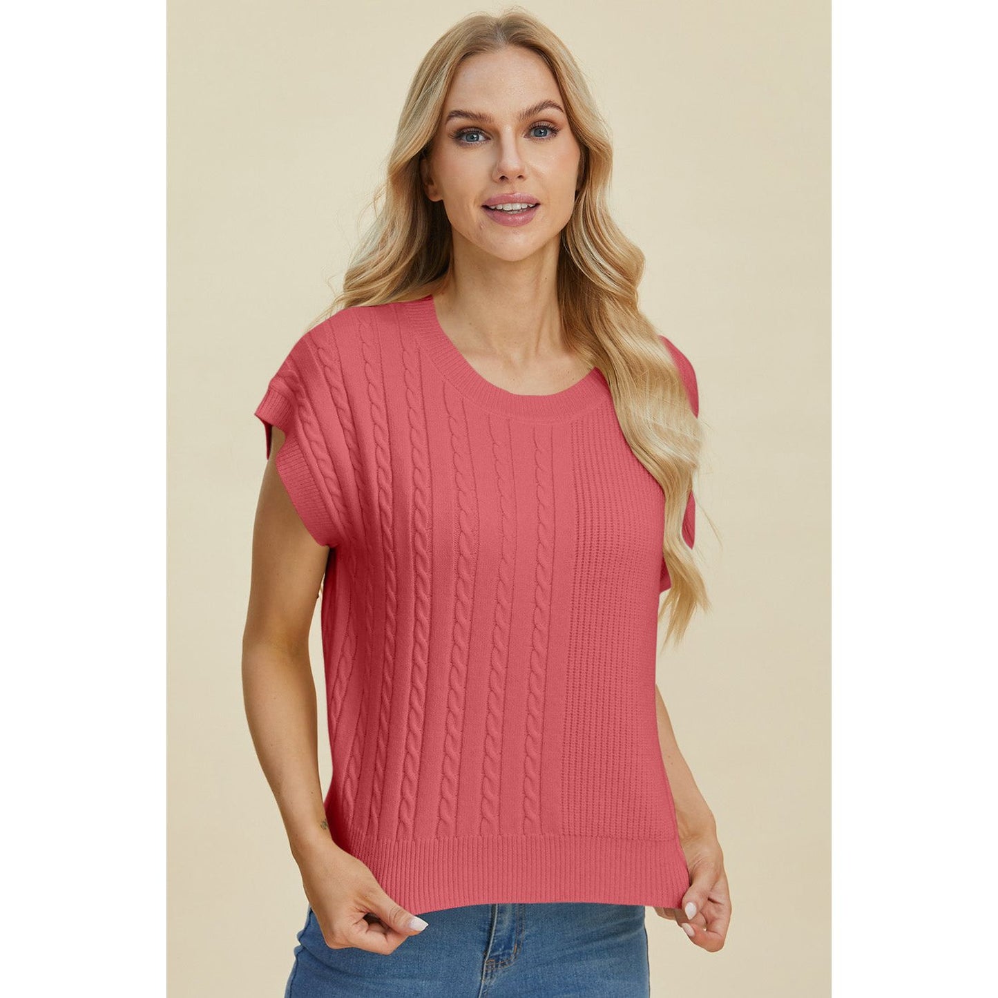 Double Take Full Size Cable-Knit Round Neck Short Sleeve Sweater