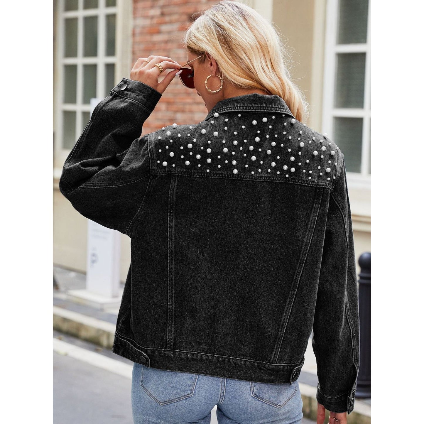 Pearl Detail Collared Neck Long Sleeve Denim Jacket