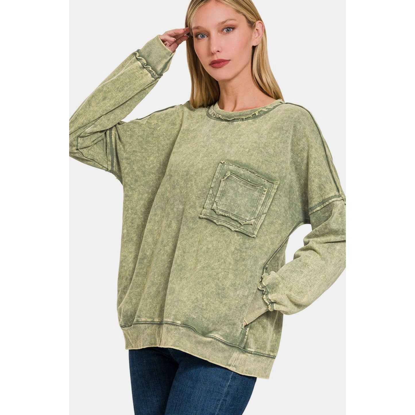 Zenana Exposed Seam Round Neck Dropped Shoulder Sweatshirt