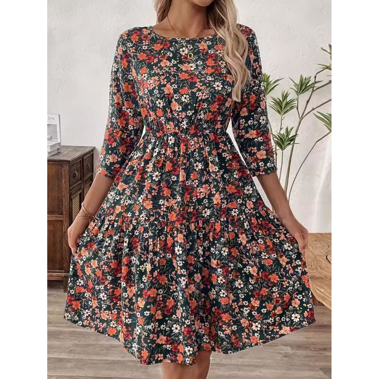 Frill Floral Round Neck Dress