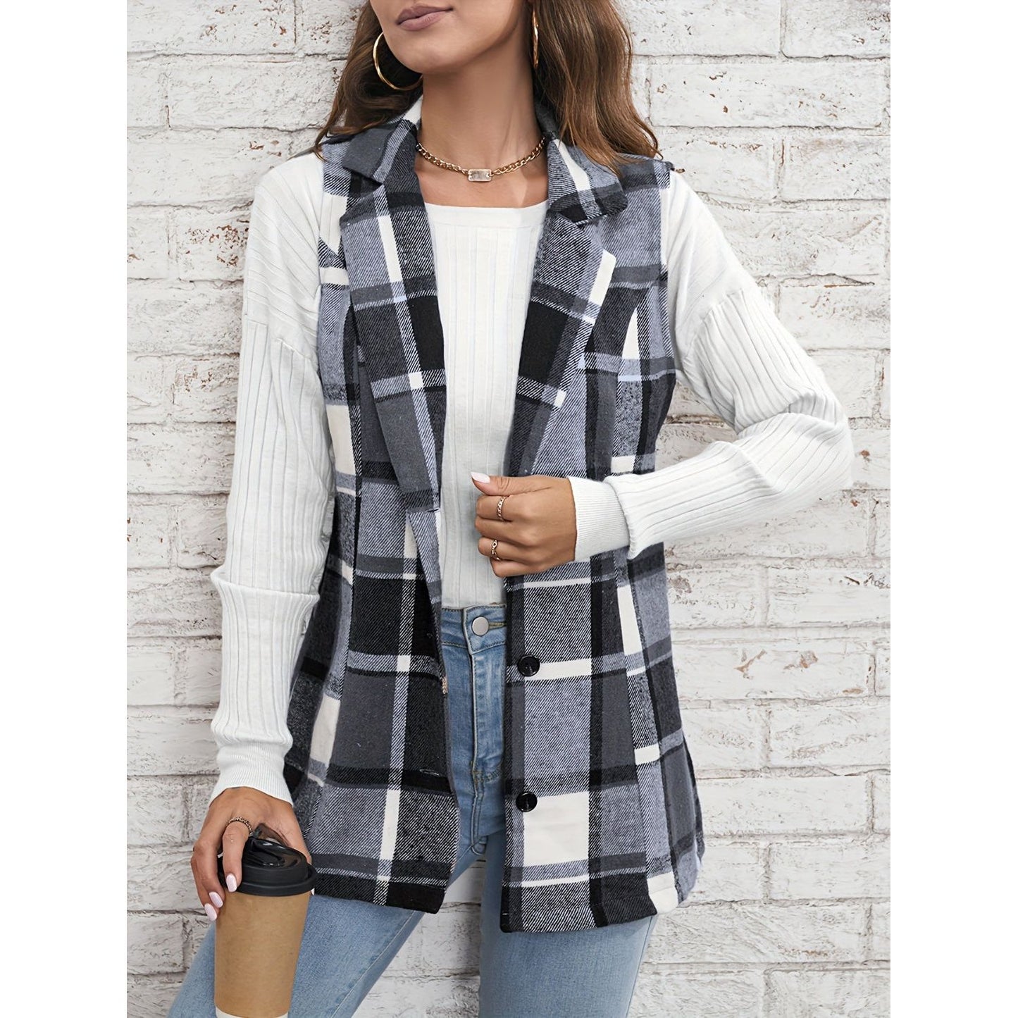 Plaid Button Down Vest Coat