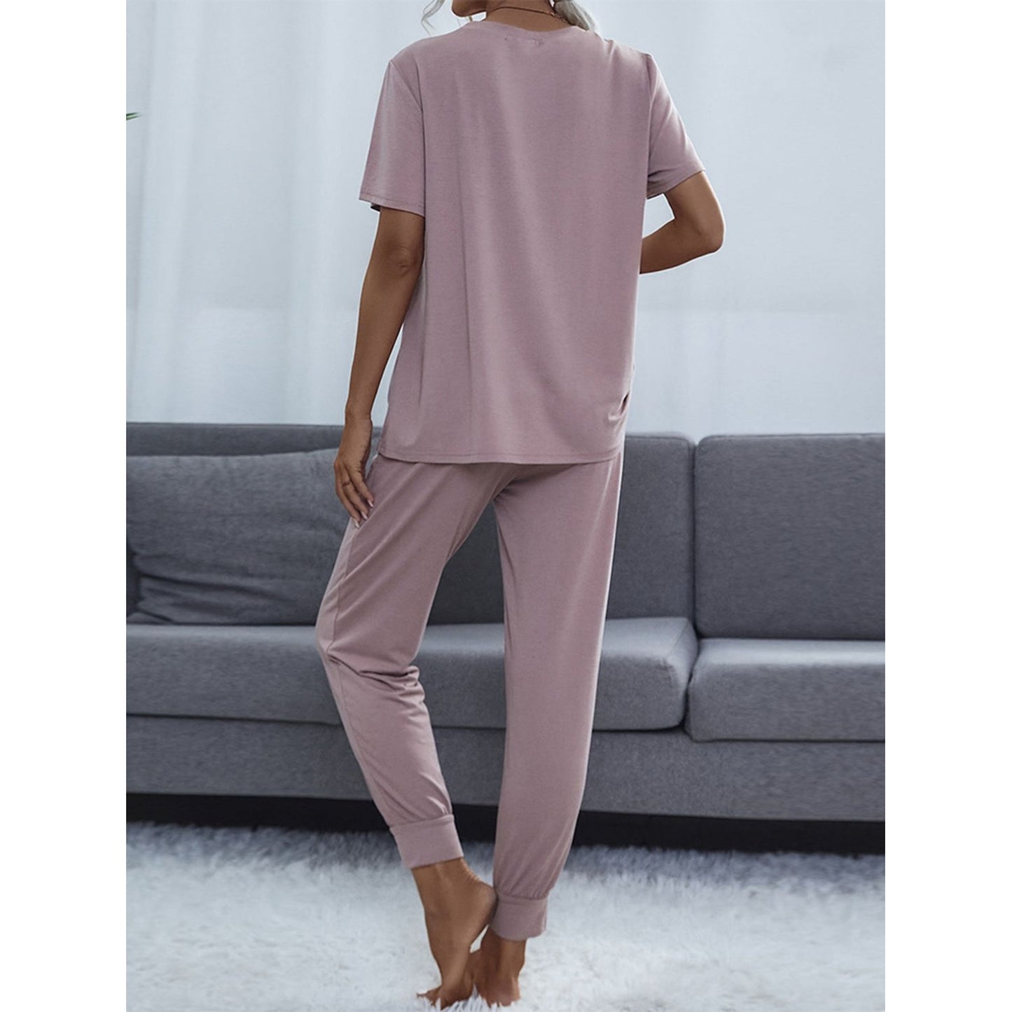 Shiny Round Neck Short Sleeve Top and Pants Set