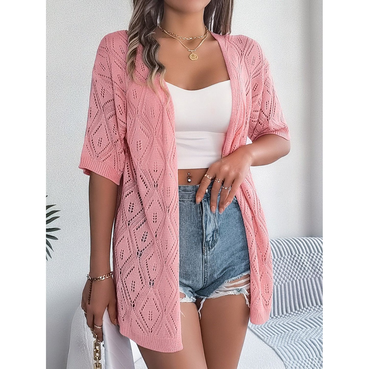 Openwork Open Front Half Sleeve Cardigan