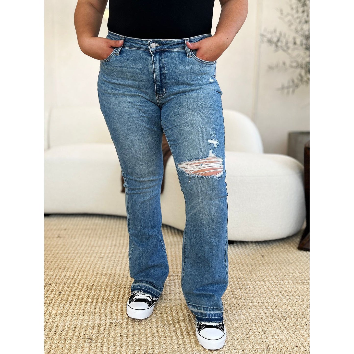 Judy Blue Full Size Mid Rise Destroyed Hem Distressed Jeans