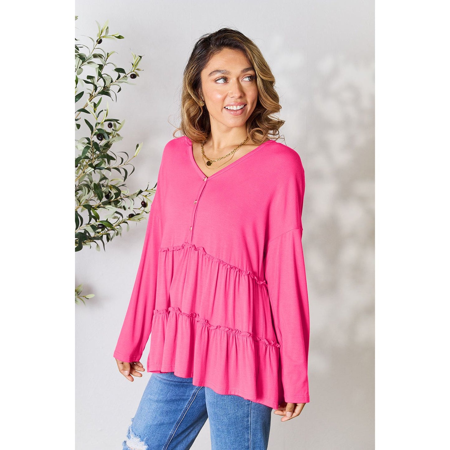 Double Take Half Button Long Sleeve Ruffle Hem Blouse