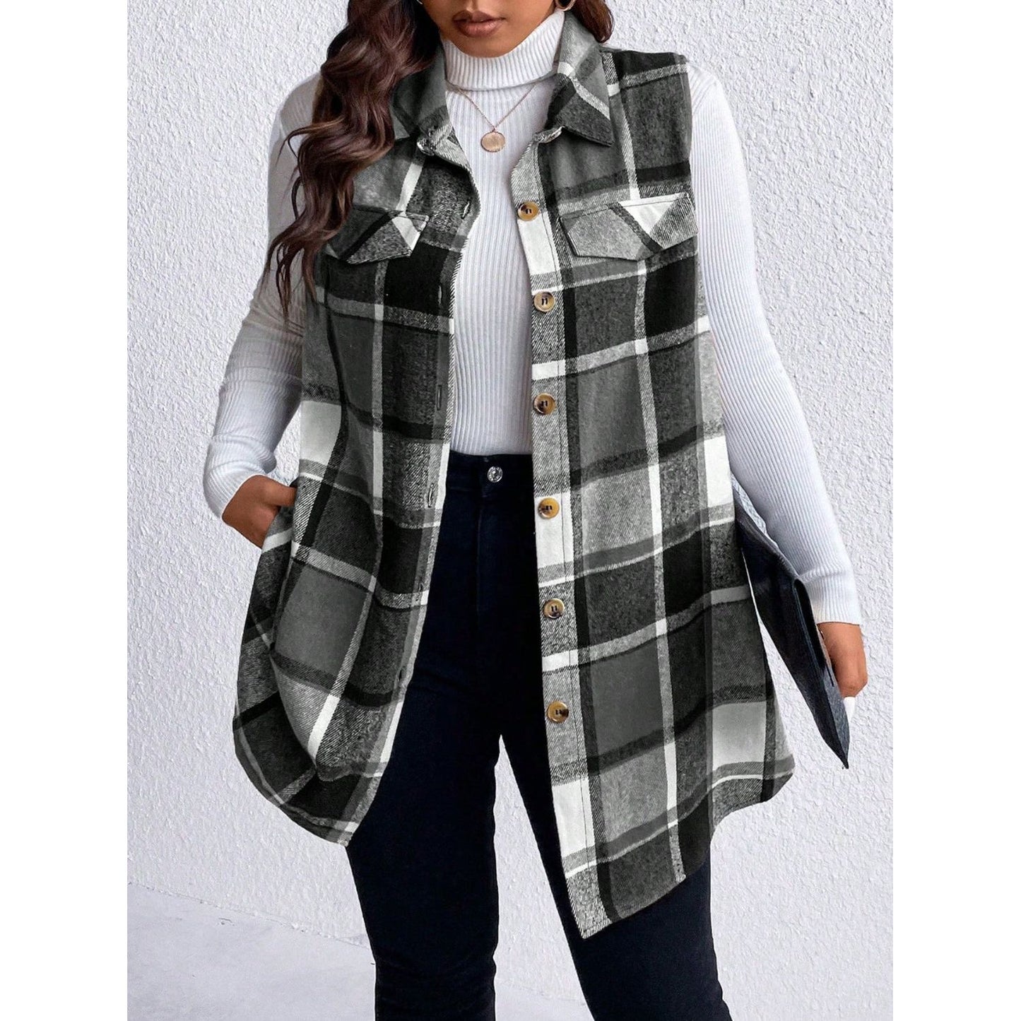 Honey Plus Size Pocketed Plaid Button Up Vest Coat