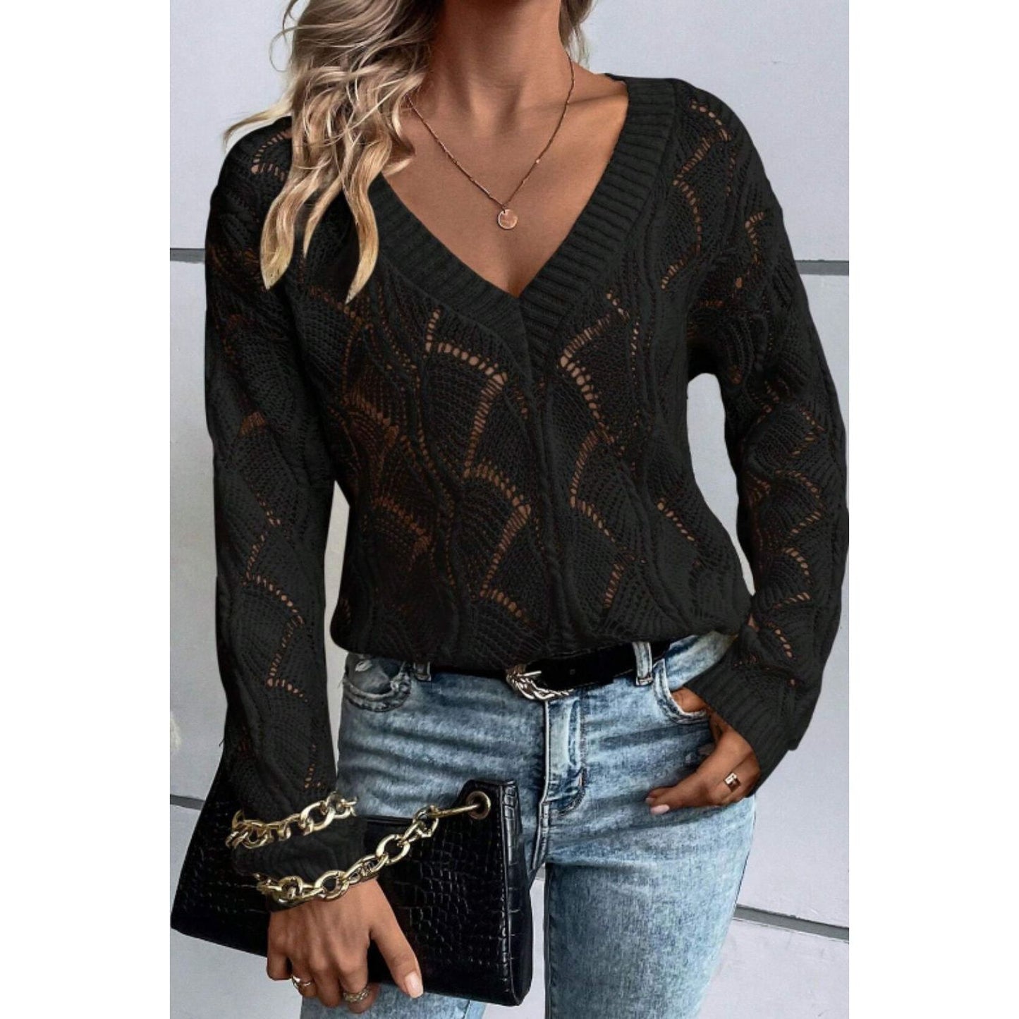 Openwork V-Neck Long Sleeve Sweater