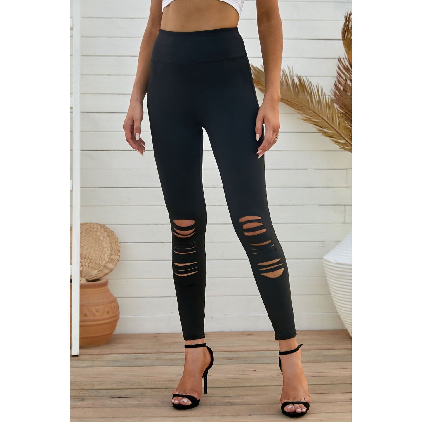 Double Take Wide Waistband Distressed Slim Fit Leggings