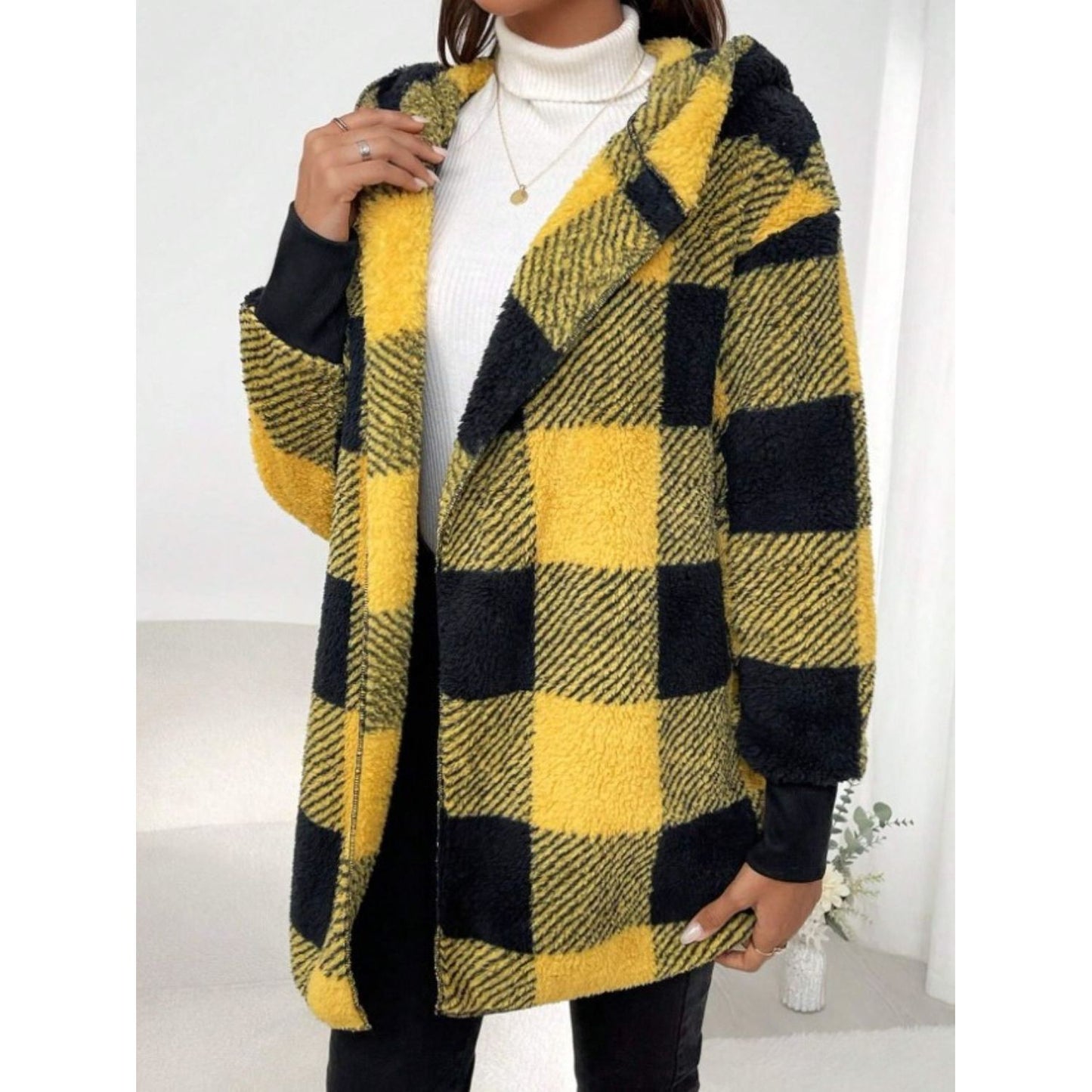 Plaid Long Sleeve Hooded Coat