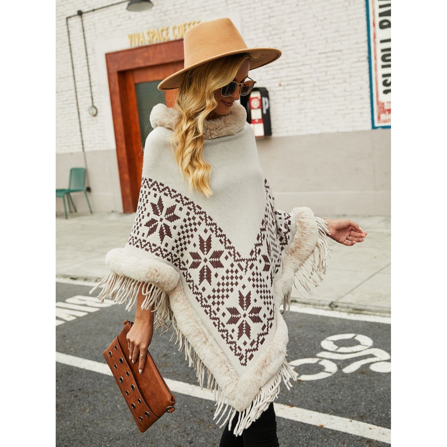 Fringe Geometric Cape Sleeve Poncho