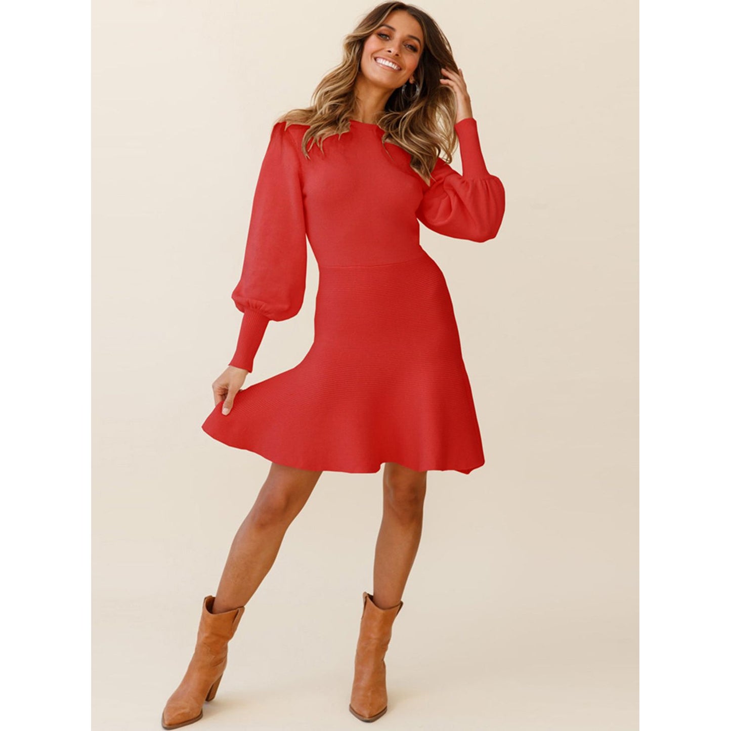 Round Neck Lantern Sleeve Sweater Dress