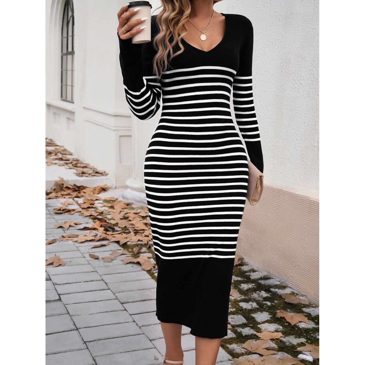 Devine Striped V-Neck Long Sleeve Sweater Dress