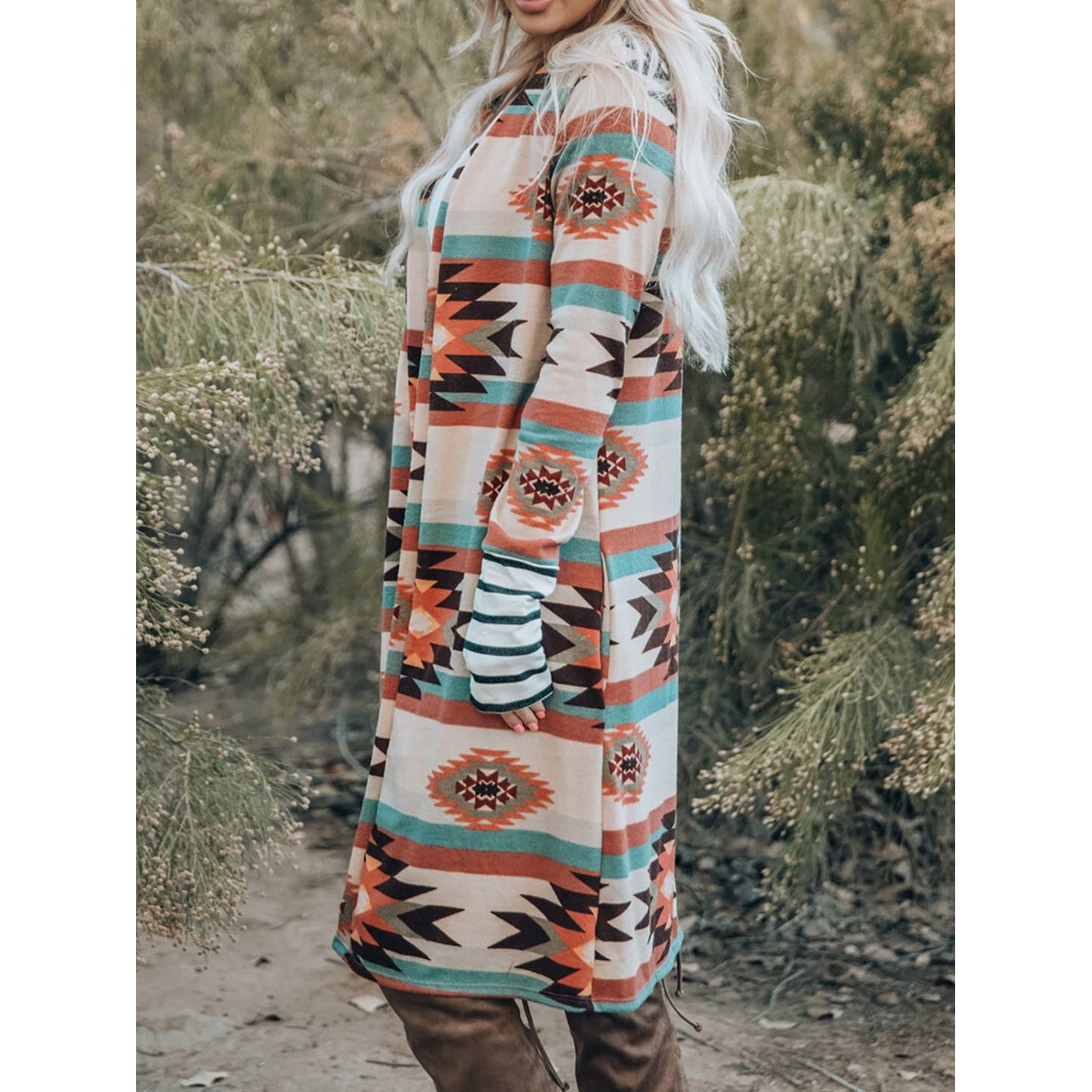 Geometric Open Front Long Sleeve Cardigan