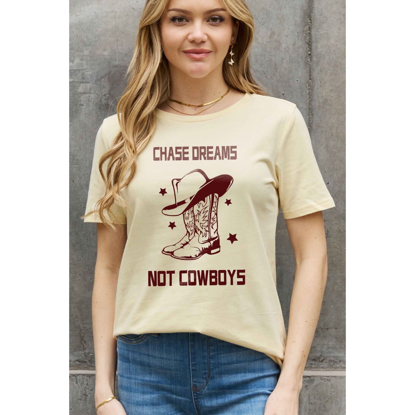 Simply Love Simply Love Full Size CHASE DREAMS NOT COWBOYS Graphic Cotton Tee