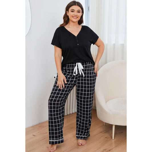 Plus Size V-Neck Top and Plaid Pants Lounge Set