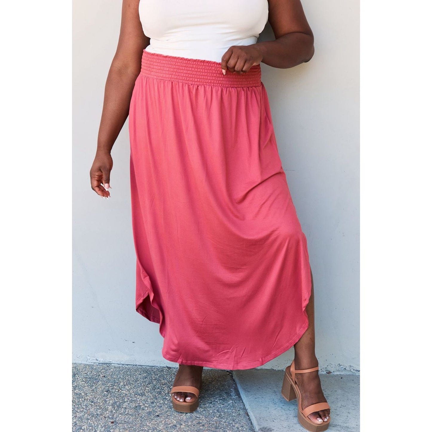 Doublju Comfort Princess Full Size High Waist Scoop Hem Maxi Skirt