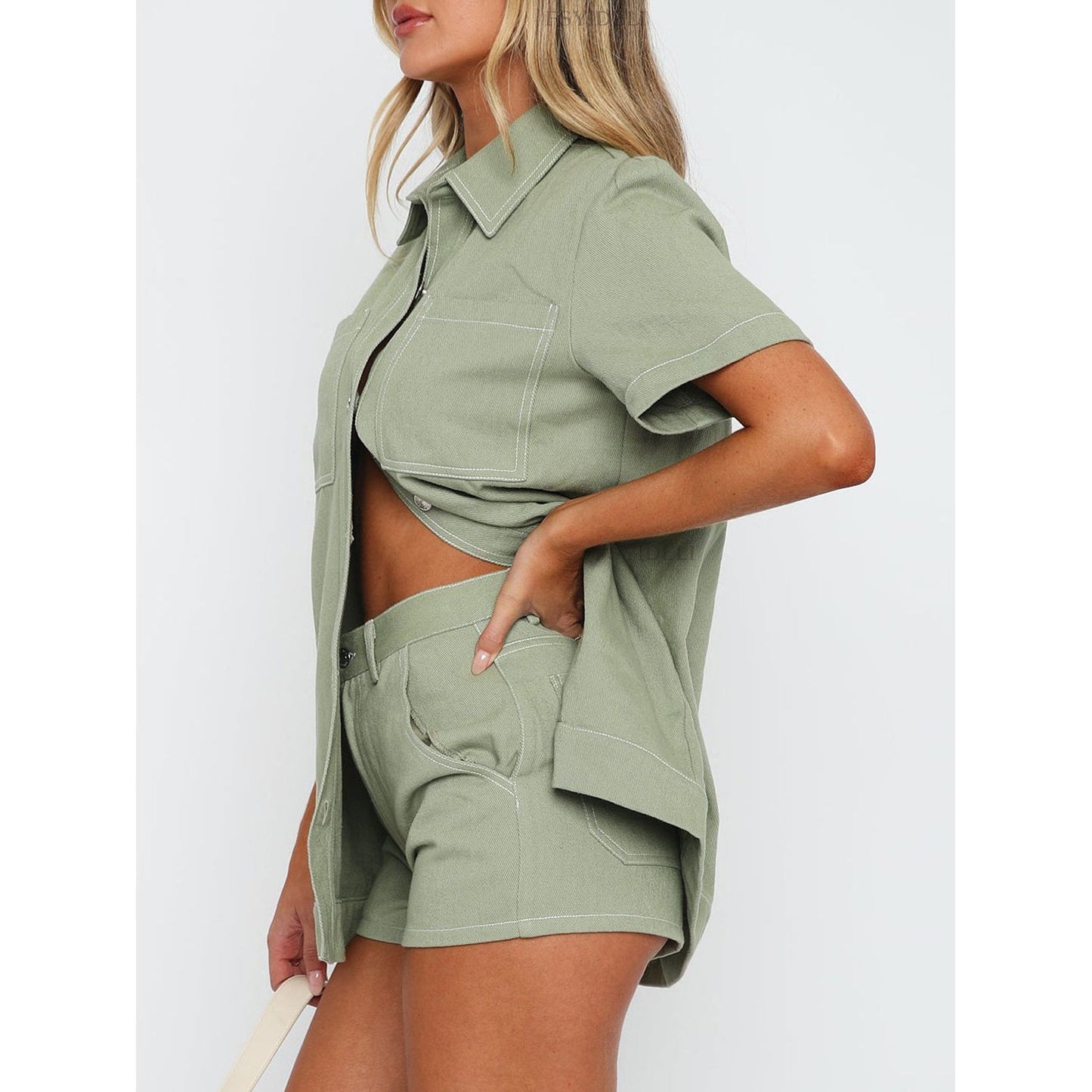 Pocketed Button Up Top and Shorts Set