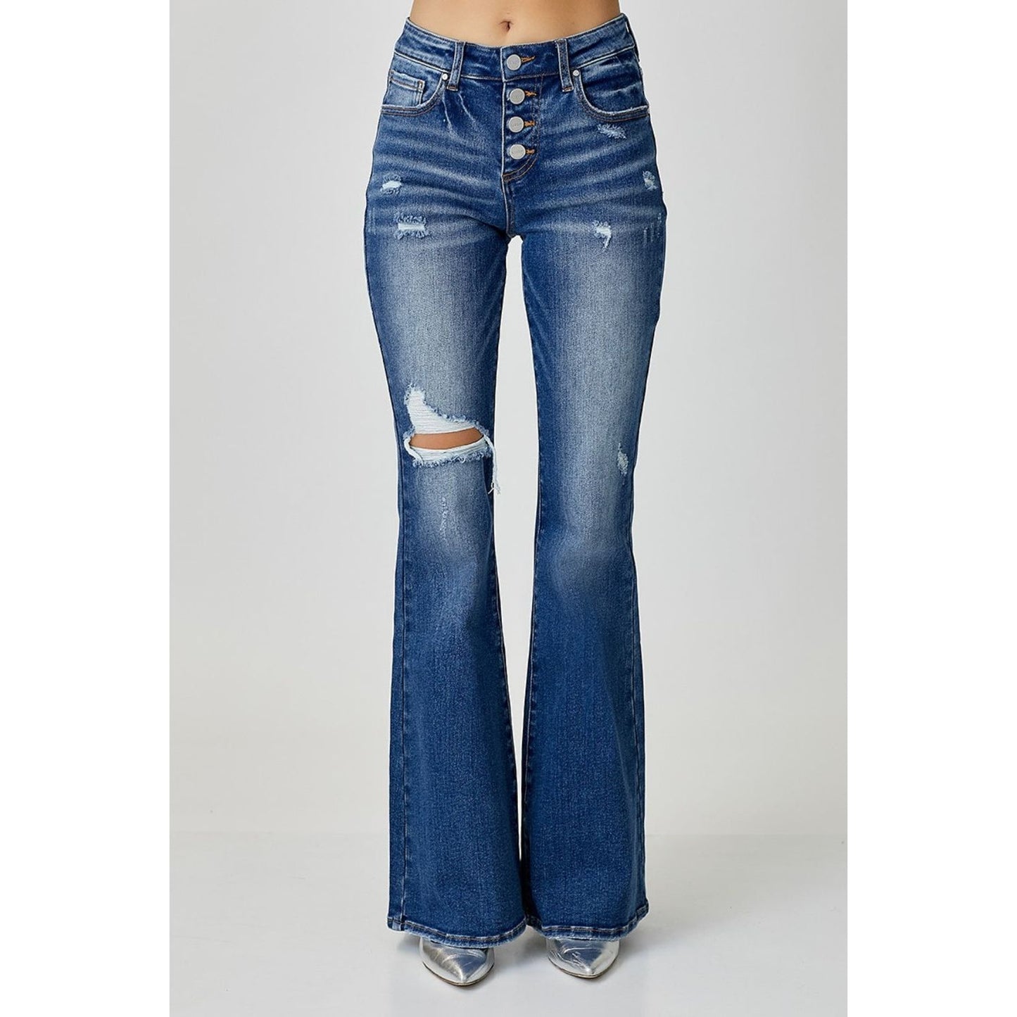 RISEN Distressed Button-Fly Flare Jeans