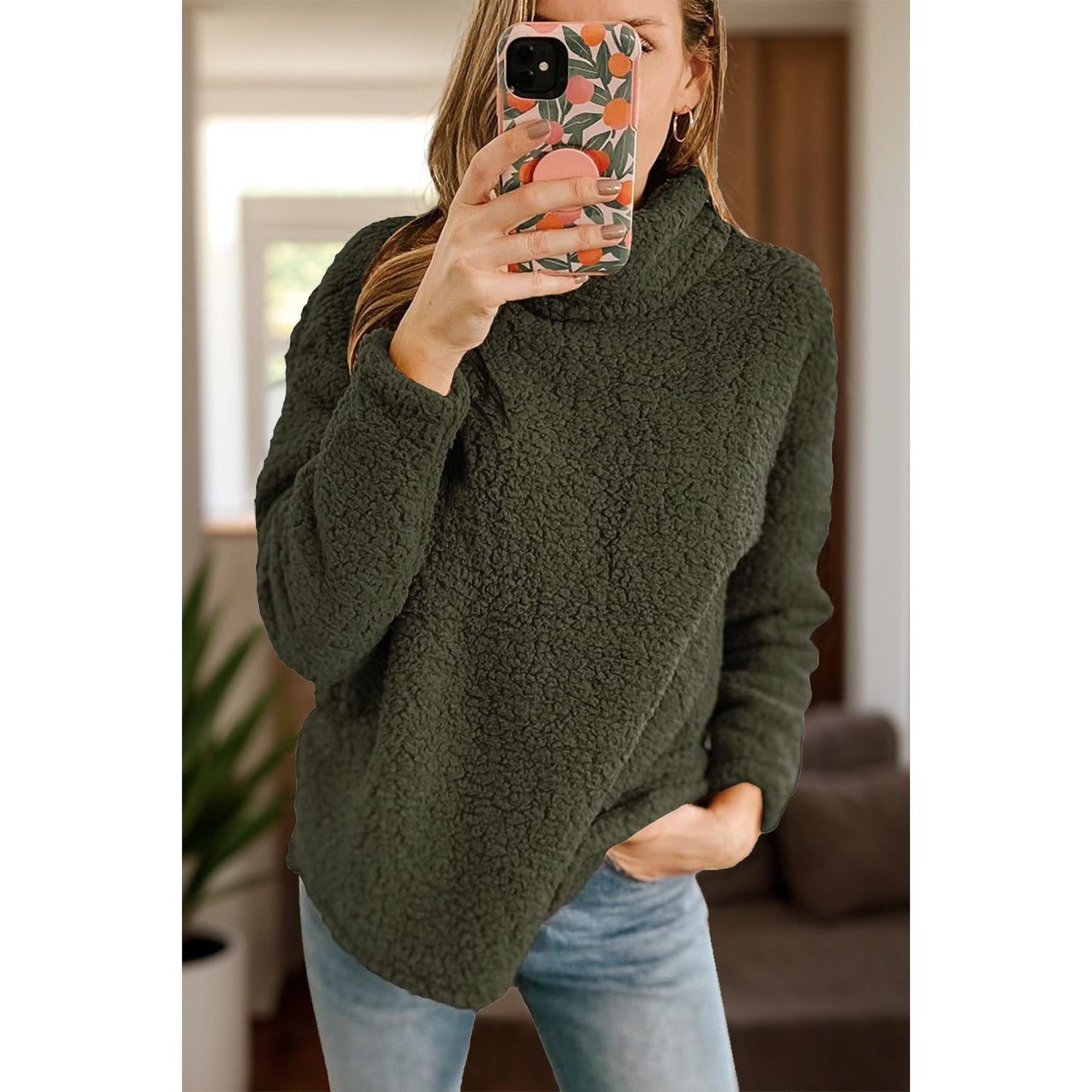 Fuzzy Turtleneck Long Sleeve Sweatshirt