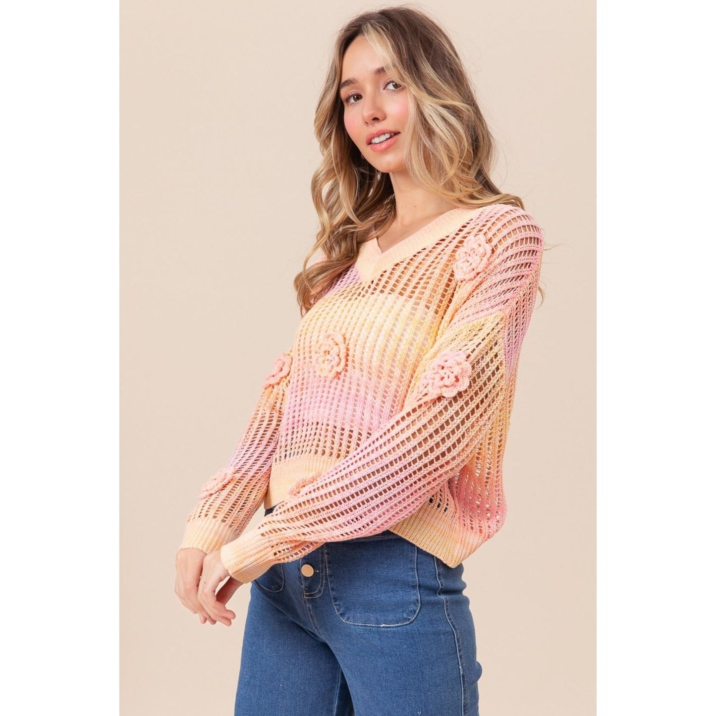 BiBi Ombre Crochet Flower Knit Top