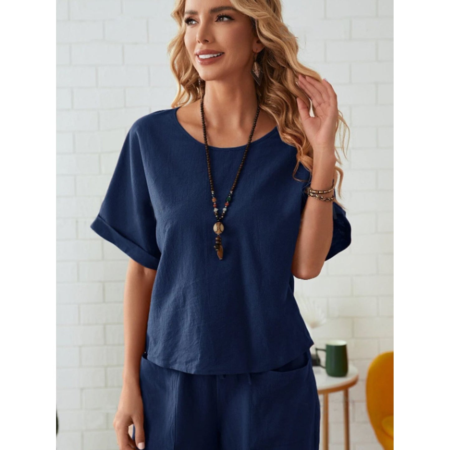 Round Neck Half Sleeve Top and Pocketed Pants Set