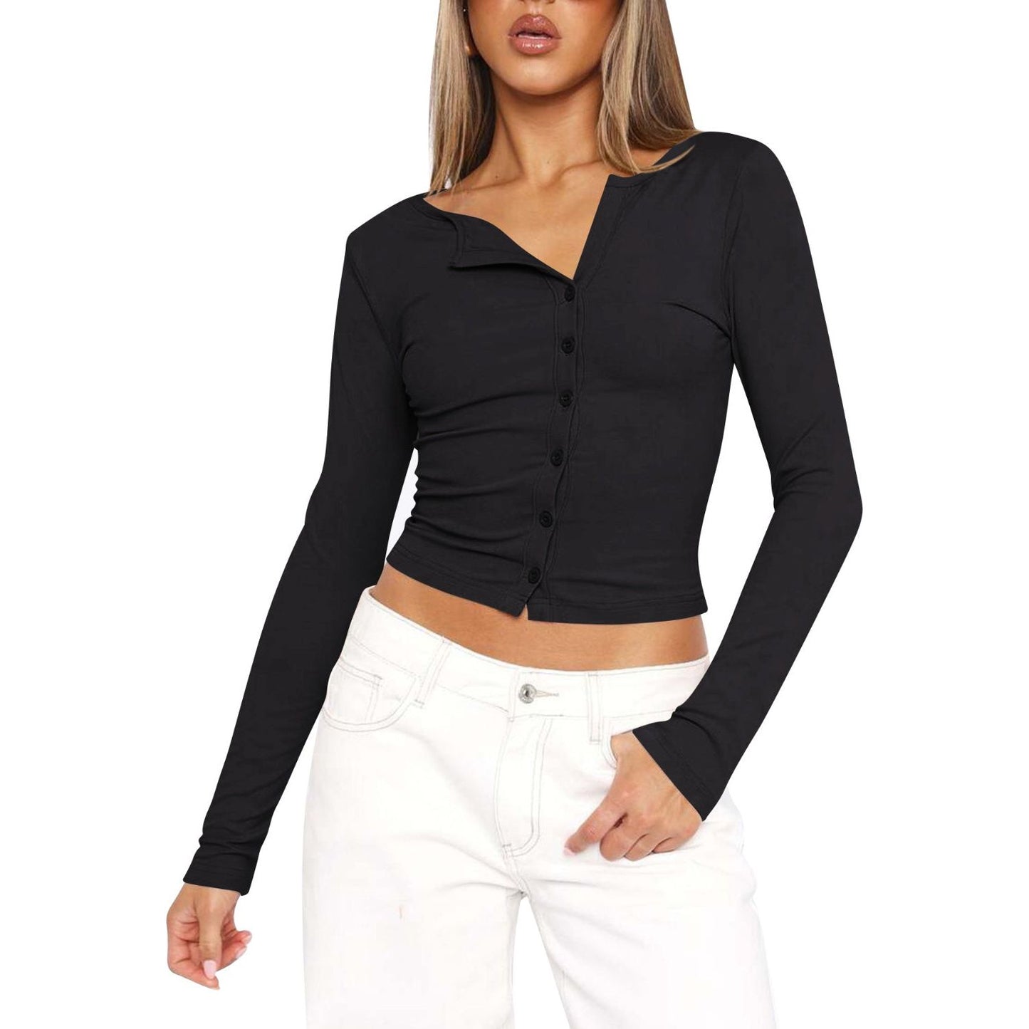 Lovelet Button Up Round Neck Long Sleeve T-Shirt