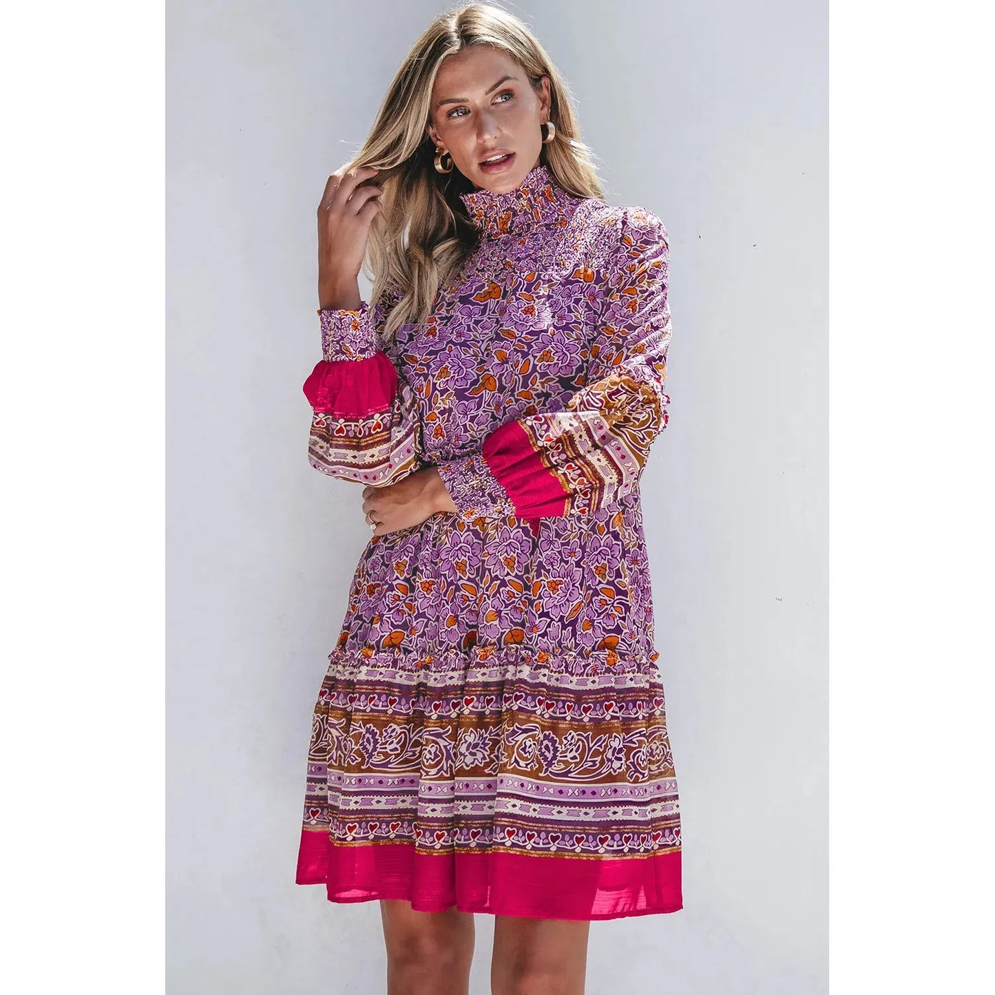 Smocked Floral Turtleneck Long Sleeve Dress