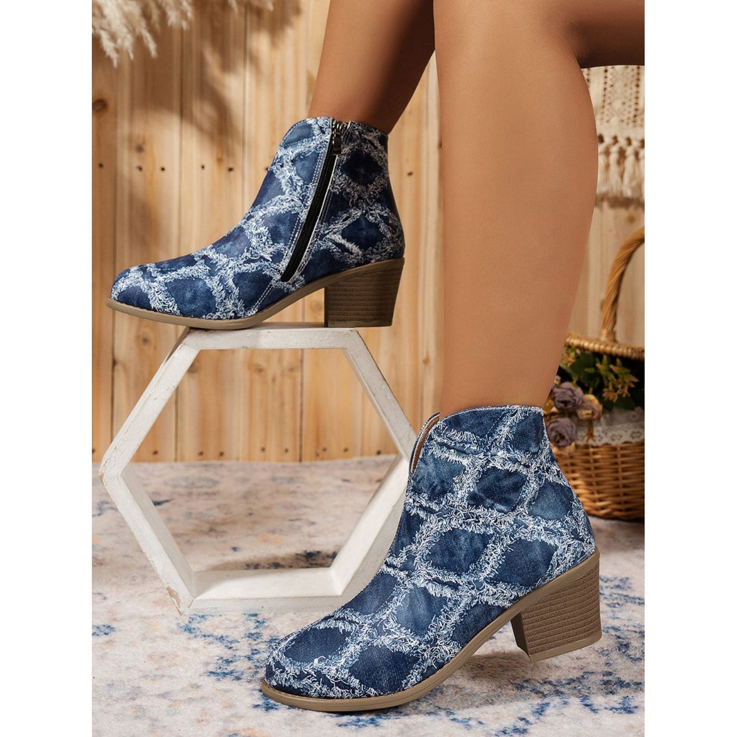 Printed Block Heel Boots with Side Zip