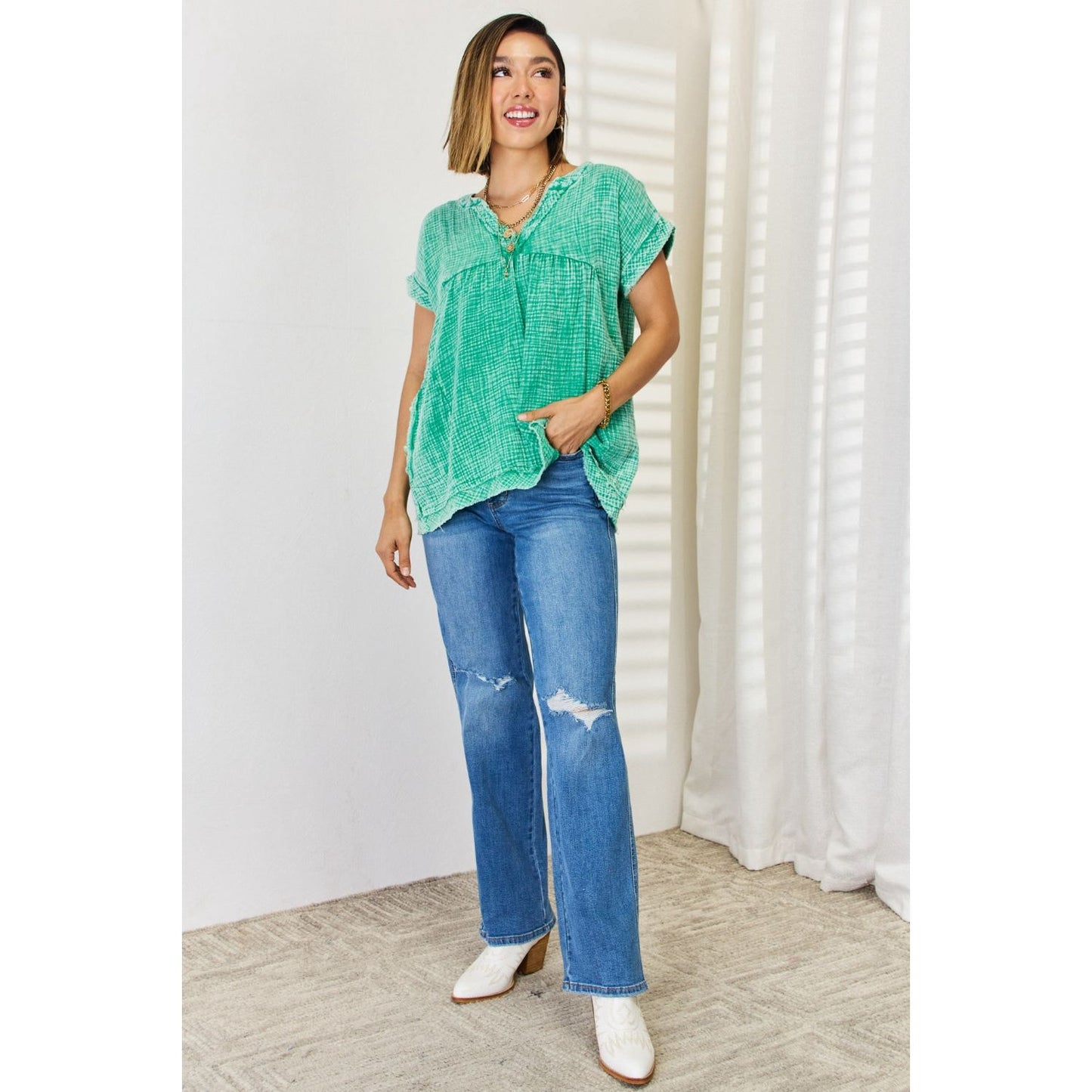 Zenana Washed Raw Hem Short Sleeve Blouse with Pockets